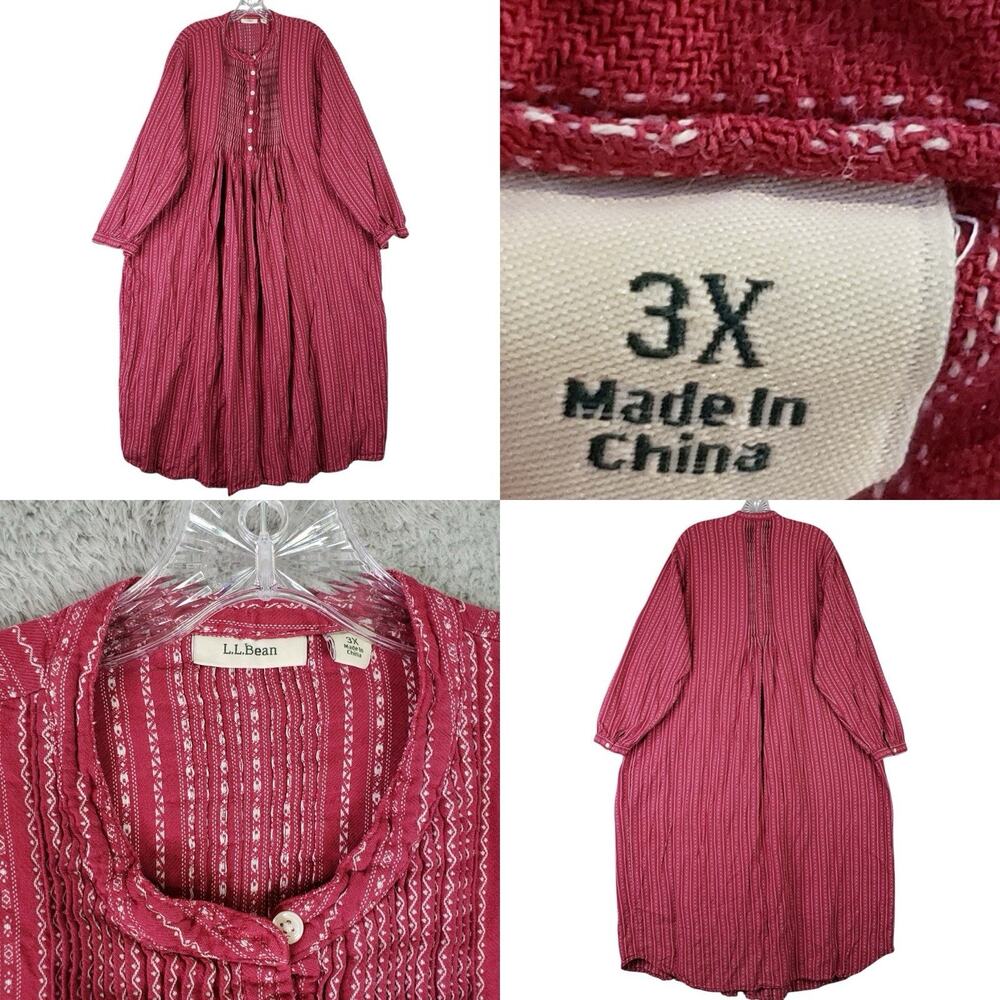 LL Bean Dobby Nightgown Flannel Pintuck Granny Cottage Red Print Sleep Dress 3X